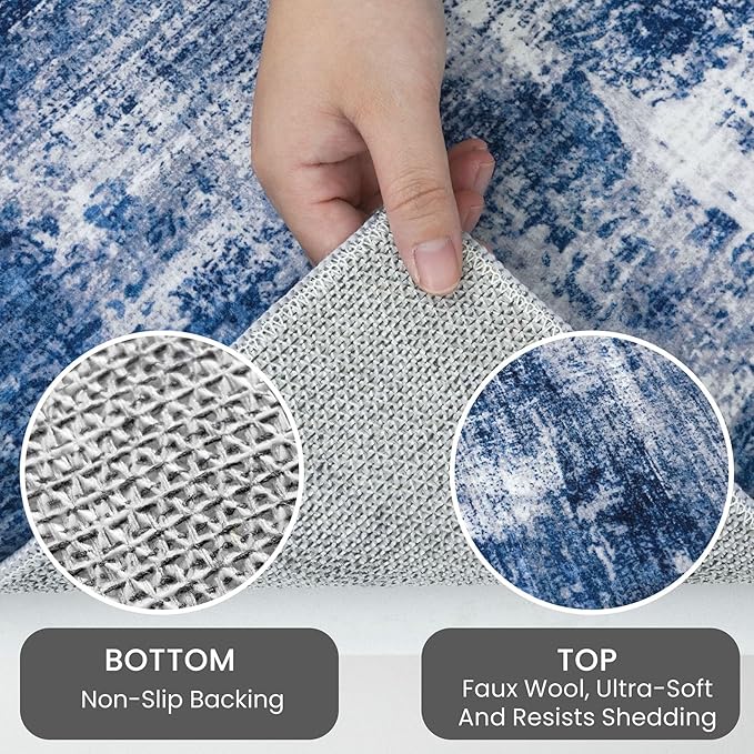 IOHOUZE Abstract Area Rugs 9x12 Ft Washable Large Rugs for Living Room, Non Slip Dining Room Rug, Printed Faux Wool Rugs for Bedroom, Floor Carpet for Office Nursery Playroom, Navy/Grey