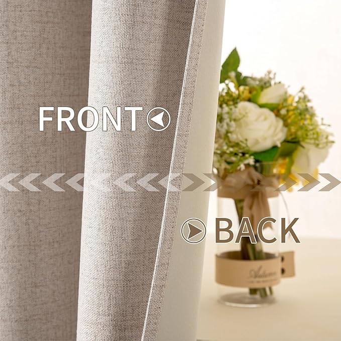 MIULEE Linen Textured Curtains for Bedroom Solid 100% Blackout Thermal Insulated Natural Beige Grommet Room Darkening Curtains & Drapes Luxury Decor for Living Room Nursery 52 x 48 Inch (2 Panels)
