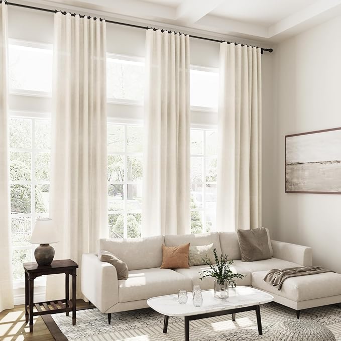 Warm Beige Linen Curtains 90 Inch Long 2 Panels Set for Bedroom Living Room Linen Textured Window Drapes Semi Sheer Light Filtering Rod Pocket Back Tab Cotton Textured Farmhouse Curtain 52x90