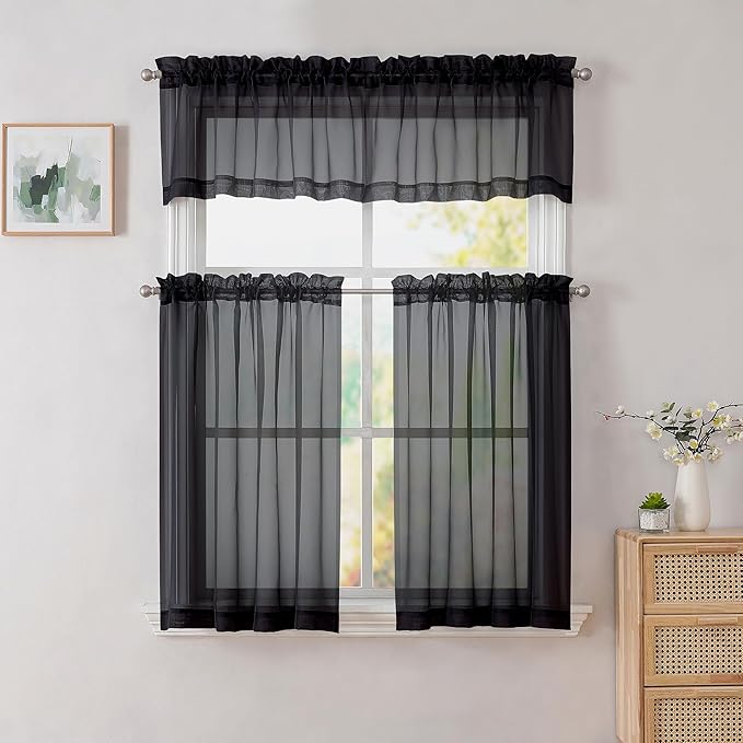 Simplebrand Black Valances 14 Inches Long for Living Room Pocket 2 Panel Light Filtering Sheer Translucent Valence Toppers for Window Kitchen Bathroom Bedroom 42x14 Inch Length