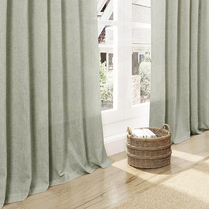 Sage Green Curtains 96 inches Long 2 panels for Living Room Back Tab Rod Pocket Semi Sheer Linen Draperies Muted Neutral Room Decor Earth Tone Pale Green Curtains 96 inch Length for Diningroom