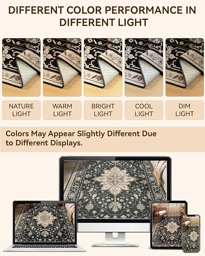 Area Rugs 9'x12' Washable Non-Slip, Floral Vintage Distress Print Pattern Medallion Carpet for Living Room Bedroom Dining Room, Black Brown Neutral Dark Tan