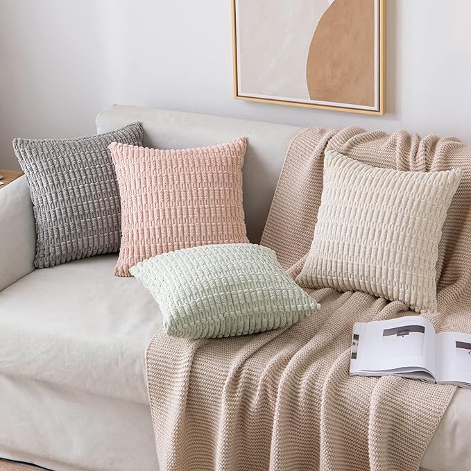 MIULEE Pack of 2 Corduroy Decorative Euro Sham Throw Pillow Covers 24x24 Inch Soft Boho Striped Pillow Covers Modern Farmhouse Home Decor for Sofa Living Room Couch Bed Cream White