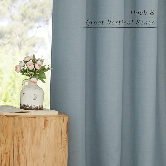 NICETOWN Thick Flax Linen Stone Blue Curtains for Living Room, Grommet Vertical Drapes Linen Blend Curtains Privacy Added with Light Filtering for Villa/Bedroom, W55 x L90, 1 Pair