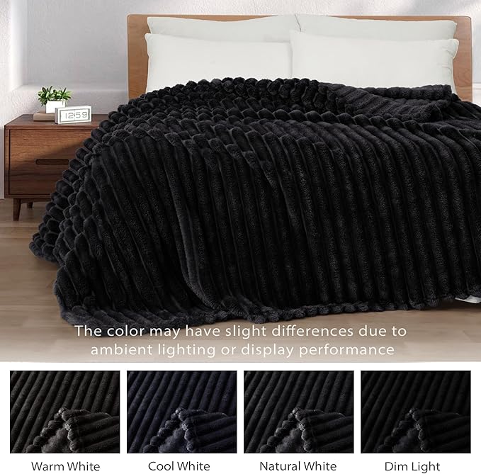 Exclusivo Mezcla King Size Flannel Fleece Blanket, Super Soft Striped Jacquard Bed Blanket, Lightweight Fuzzy Cozy for All Seasons, 90x104 Inches, Black