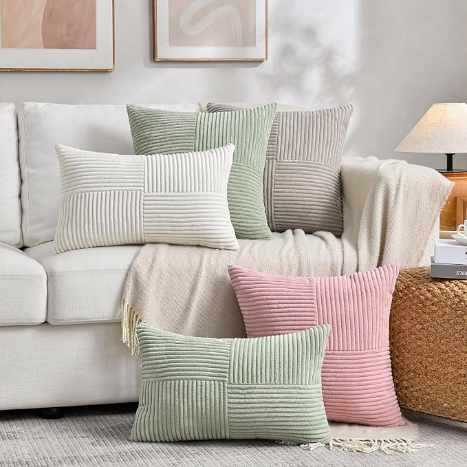 Fancy Homi 2 Packs Blush Pink Decorative Throw Pillow Covers 20x20 Inch for Living Room Couch Bed, Rustic Farmhouse Boho Home Decor, Soft Corss Corduroy Patchwork Accent Square Cushion Case 50x50 cm