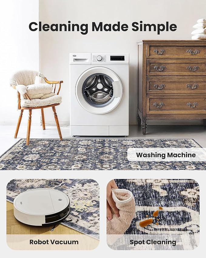 AMADA HOMEFURNISHING 9x12 Washable Area Rug, Low-Profile Large Area Rug with Non-Slip Backing & Durable Edge Binding, Vintage Large Rugs for Living Room, Bedroom & Dining Room
