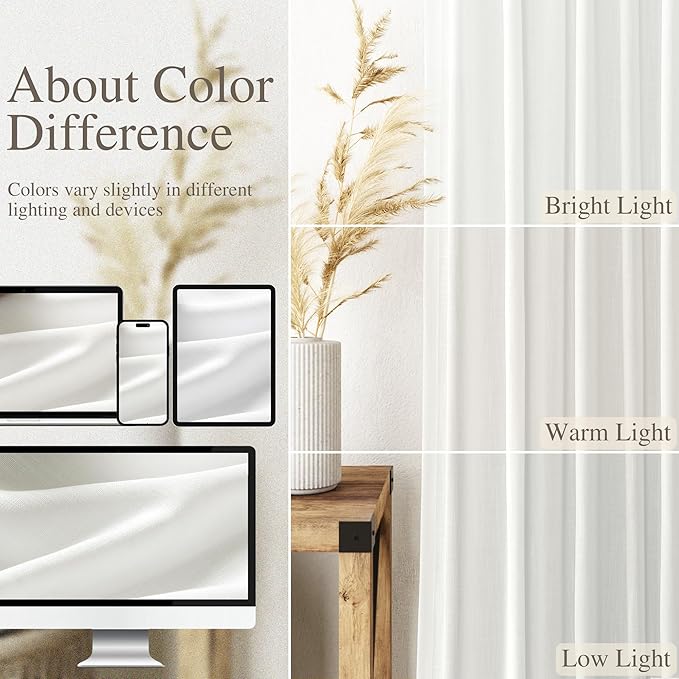 Nanspring Off White Linen Blend Semi Sheer Curtains 86 Inches Long 2 Panel Set Pocket Back Tab Light Filtering Decorative Decor Curtain Drapes for Bedroom Living Room 52x86