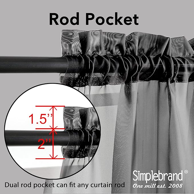 Simplebrand Black Sheer Curtains 63 Inch Length 2 Panels, Rod Pocket Solid Color Window Sheer Curtain Panels, Elegant Curtains & Drapes for Living Room, Bedroom 2 Panels (Black, 42" W x 63" L)