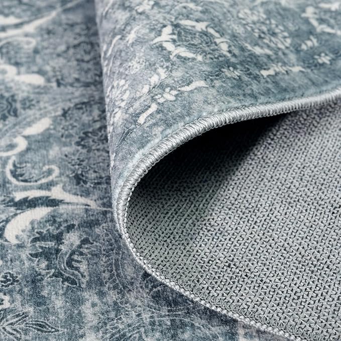 4x12 Washable Hallway Runner Rug - Wide Kitchen Runners Vintage Low Pile Carpet Soft Thin Floor Runner with Rubber Backing for Entryway Bedroom Living Room Home Decor (Blue)