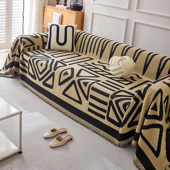 HANDONTIME Boho Geometric Couch Covers for Sofa Pet Friendly Taupe and Black Sofa Covers Washable Chenille Couch Blanket Cover for 1 2 Cushion Couches Pet Protector Furniture Cover Soft, 71" X 102"