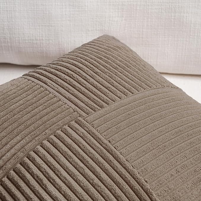 Fancy Homi Set of 2, Light Brown Patchwork Corduroy Decorative Soft Striped Modern Accent Cushion Case Farmhouse Boho Neutral Throw Pillow Covers for Chair Couch Bed Sofa Living Room 24x12 Inch