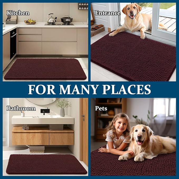 OLANLY Dog Door Mat for Muddy Paws 40x24, Absorbs Moisture and Dirt, Absorbent Non-Slip Washable Doormat, Quick Dry Chenille Mud Mat for Dogs, Entry Indoor Entryway Carpet for Inside Floor, Russet