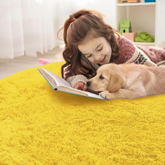 OLANLY Yellow Round Rugs for Bedroom - Machine Washable, 7 ft Circle Area Rugs for Living Room, Soft and Fluffy Shaggy Carpet for Teen Girl and Boys, Nursery Rooms, Dorms, Home Decor Aesthetic