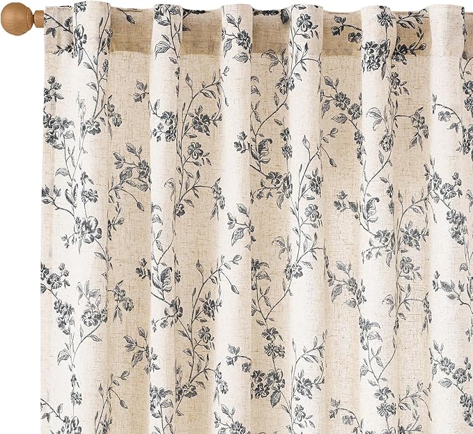 Lazzzy Farmhouse Linen Curtains Black Floral Curtains 90 Inch Length Back Tab Drapes for Living Room Bedroom Light Filtering Country Vintage Rod Pocket, 2 Panels, Black on Beige