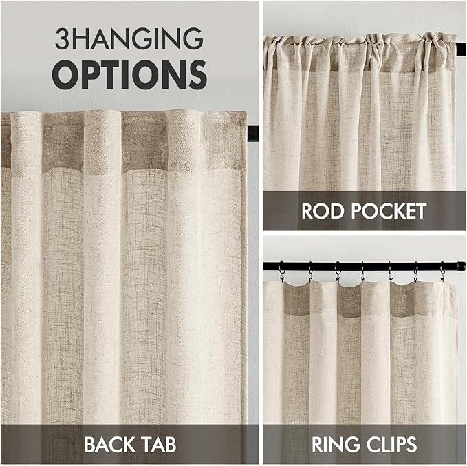 MIULEE Beige Linen Curtains 45 Inch Length 2 Panels for Bedroom Living Room, Soft Linen Textured Window Drapes Semi Sheer Light Filtering Back Tab Rod Pocket Farmhouse Modern Burlap Look Decor