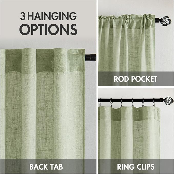 MIULEE Sage Green Linen Curtains 90 Inch Long for Bedroom Living Room, Soft Thick Linen Textured Window Drapes Semi Sheer Light Filtering Back Tab Rod Pocket Burlap Look Farmhouse Decor, 2 Panels