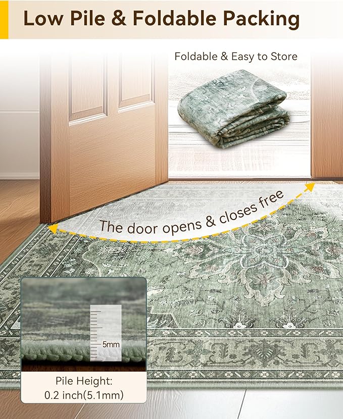 Area Rugs 10'x12' Washable Non-Slip, Floral Vintage Distress Print Pattern Medallion Carpet for Living Room Bedroom Dining Room, Dark Green Gray