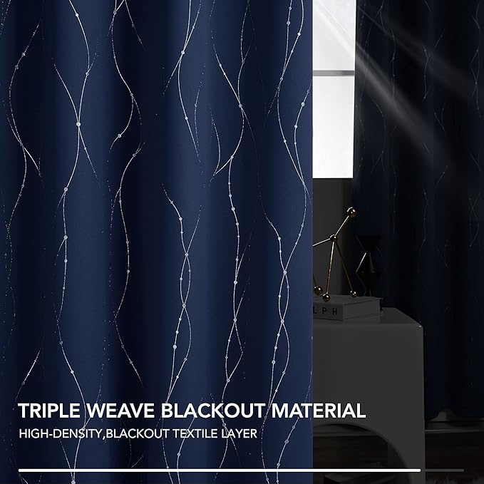 Deconovo Blackout Curtains 63 Inch Length for Living Room, Navy Blue Curtain, Thermal Insulated Soundproof Privacy Curtain with Silver Wave Dot Print, Machine Washable Window Panel for Bedroom Nursery