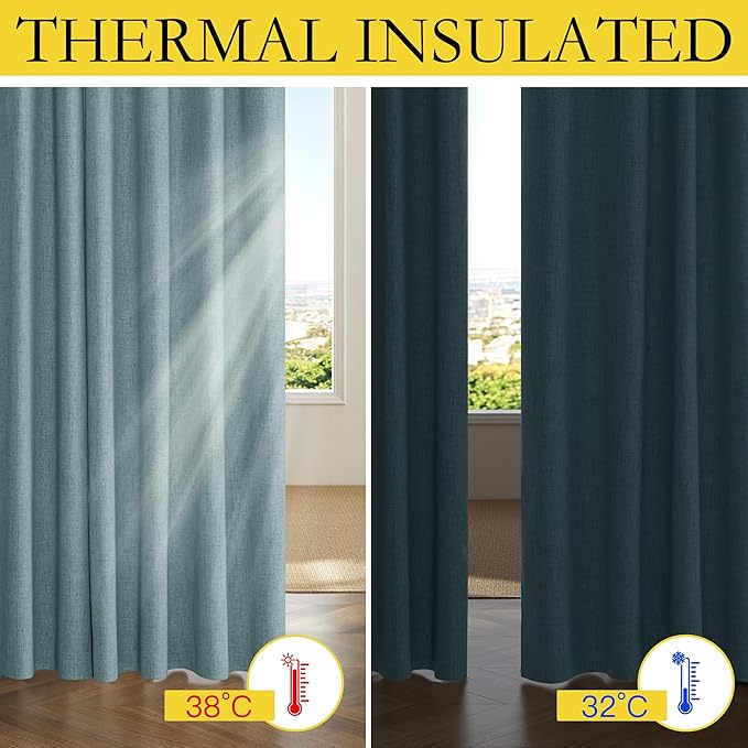 NICETOWN 100% Absolutely Blackout Linen Curtains with Thermal Insulated Liner, Skylark Blue, 62" Wide, 72" Length Energy Saving Curtains for Playroom 2 Panels Set, Vertical Blinds