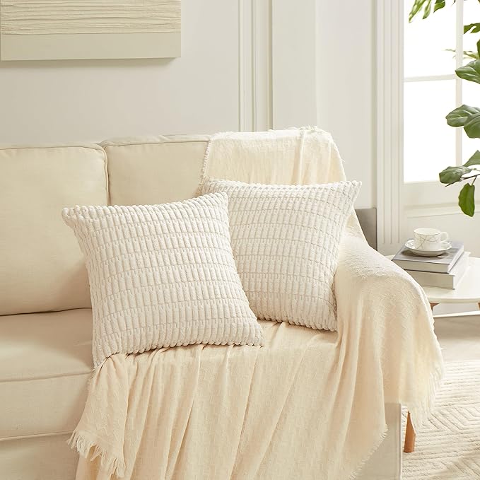 Fancy Homi 4 Packs Neutral Long Lumbar Decorative Throw Pillow Covers 12x24 Inch for Living Room Couch Bed, Boho Home Decor, Soft Striped Corduroy Rectangle Accent Beige Cushion Case 30x60 cm