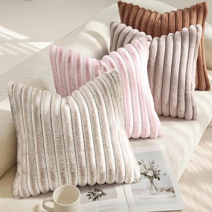 decorUhome Summer Cozy Faux Fur Throw Pillow Covers 20x20 Set of 2 Decorative Soft Plush Striped Modern Farmhouse Boho Couch Pillow Cases with Velvet Back for Sofa Bed Living Room, Pink White