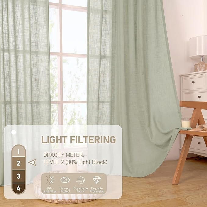 LAMIT Sage Grey 72 inch Linen Curtains for Living Room 2 Panels, Linen Textured Light Filtering Semi Sheer Back Tab and Rod Pocket Farmhouse Curtain Panels for Bedroom/Farmhouse, 52 x 72 Inch