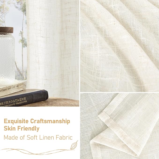 LAMIT Cream Linen Curtains for Living Room 84 inch Length 2 Panels, Light Filtering Semi Sheer Panels Back Tab and Rod Pocket Boho Drapes for Bedroom/Farmhouse, 38 x 84 Inch