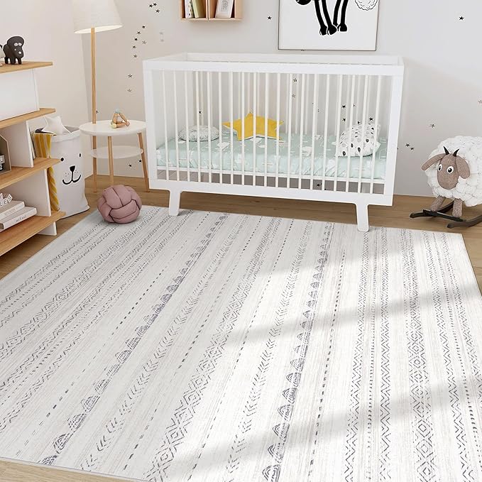 Nakagishi Area Rug Living Room Rugs: 5x7 Washable Boho Large Neutral Farmhouse Soft Moroccan Stain Resistant Indoor Floor Carpet for Bedroom Nursery Kids Playroom Office Dining Room Home House- Gray
