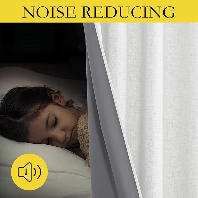 NICETOWN 100% Absolutely Blackout Linen Curtains with Thermal Insulated Liner, Greyish White, 52" Wide, 95" Length Energy Saving Curtains for Living Room 2 Panels Set, Vertical Blinds
