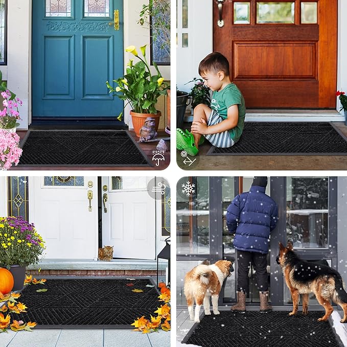 Smiry Front Door Mat Outside Entrance, Heavy Duty Sturdy Natural Rubber Doormat, Trap Dirt and Moisture, Easy Clean Low Profile Mats for Indoor Outdoor Entry, Irregular Triangle (59x40, Black)