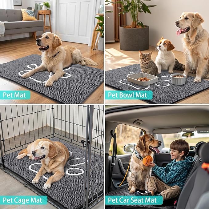 Smiry Dog Door Mat for Muddy Paws, Absorbent Dirt Trapper Non Slip Quick Dry Washable Chenille Mat for Mud Dogs, Entry Rug for Indoor and Outdoor (45x27 Inches, Dark Grey and White)