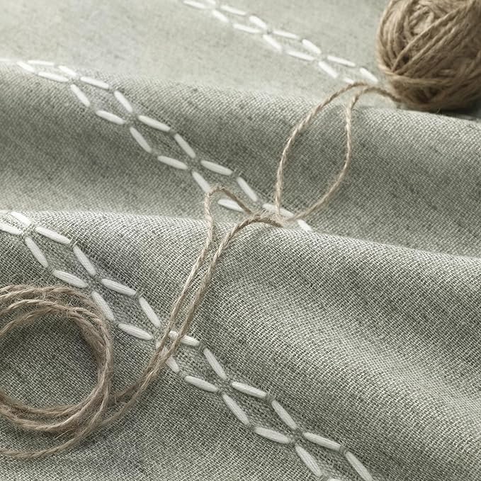 Boho Blackout Curtains 96 Inches Long Sage Green Linen Blend 2 Panels with Tassels and Cotton Embroidery, Farmhouse Vintage Rustic Rod Pocket Drapes for Living Room or Bedroom