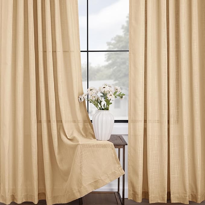Tan Linen Curtains 90 inches Long for Living Room Back Tab Rustic Farmhouse Semi Sheer Light Filtering Window Curtain Dining Room Soft Thick Flax Linen Textured Drapes Kahki 52x90