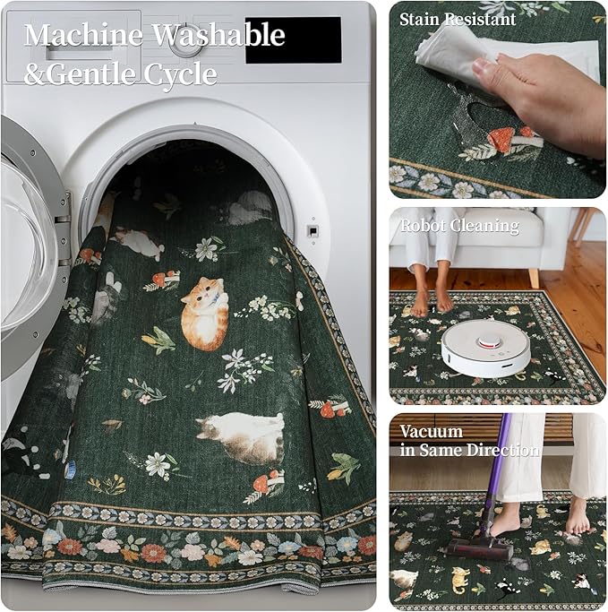 2x10 Washable Hallway Runner Rug - Soft Low Pile Floral Animal Cat Print Rugs with Non-Slip Backing Waterproof Stain-Resistant Indoor Carpet for Kitchen Entryway Bathroom Bedroom (Sage Green)