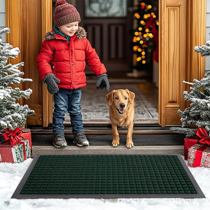 Smiry Front Door Mat Outside Entrance, Heavy Duty Natural Rubber Doormat, Non Slip, Trap Dirt and Moisture, Easy Clean, Low Profile Welcome Floor Mats for Indoor Outdoor Entry, 47x32 Inch, Black Green