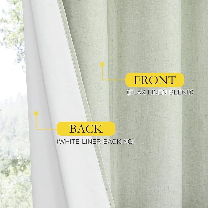 NICETOWN Sage Green Blackout Linen Curtains 95 inches Long, 2 Pieces, 52" Wide Each Panel, Bronze Grommet Full Light Blocking Drapes with White Thermal Insulated Coating for Nursery, Hall, Villa