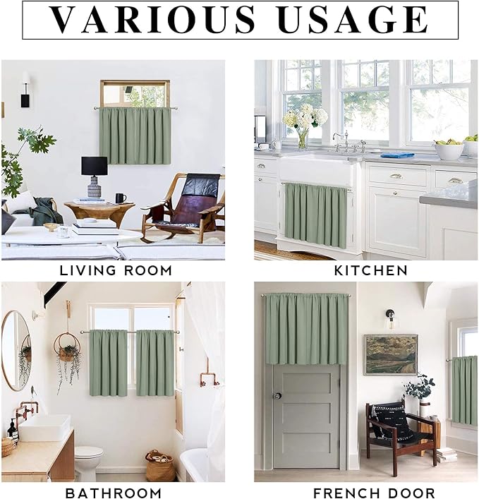 RYB HOME Short Blackout Curtains for Bedroom, Room Darkening Insulated Summer Heat Light UV Blocking Energy Saving Drapes for Nursery, Width 34 by Length 48, Greyish Green, Set of 2