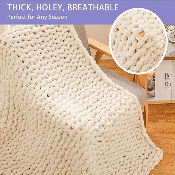 Bigacogo Chunky Knit Throw Blanket for Couch, 40x80 inches, 100% Hand Knitted with Thick Jumbo Chenille Yarn, Cozy Soft Large Rope Knot Cable Crochet Blankets for Sofa Bed Living Room, Beige