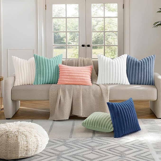 decorUhome Summer Cozy Faux Fur Throw Pillow Covers 12x20 Set of 2 Decorative Soft Plush Striped Lumbar Modern Farmhouse Boho Couch Pillow Cases with Velvet Back for Sofa Bed Living Room, Aqua
