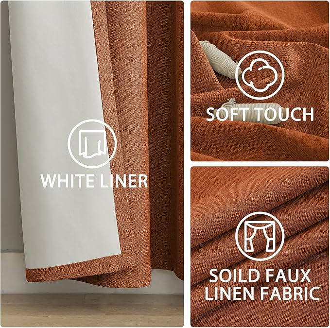 Yakamok Burnt Orange Linen Curtains 100% Blackout 63 Inches Long,Room Darkening Textured Curtains for Living Room Thermal Grommet Bedroom Curtains 2 Panels with White Liner
