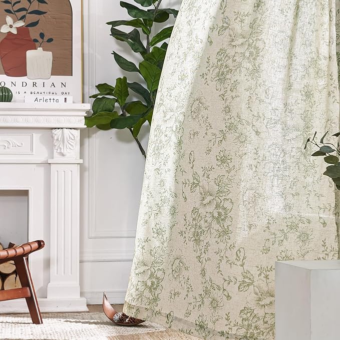 jinchan Linen Blend Floral Curtains for Living Room 84 Inch Length Sage Green Printed Curtain Rod Pocket Back Tab Farmhouse Peony Flower Patterned Drapes Bedroom Curtains Set 2 Panels