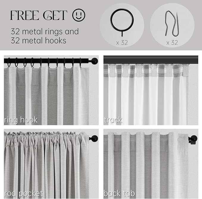 Topfinel Linen Gray Blackout Curtains 96 Inch Long, Boho Beige Gothic Viral Drapes Pinch Pleated Curtains with Hooks for Living Room, Neutral 8FT Back Tab Bedroom Curtains 52" X 96" 8 FT 2 Panels