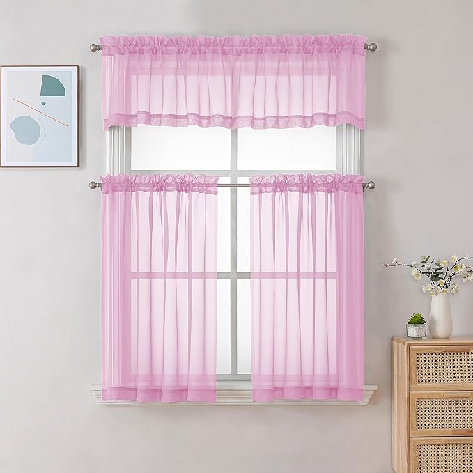 Chyhomenyc Pink Sheer Curtains 30 inch Length 2 Panels, Light Filtering Voile Rod Pocket Short Window Curtians for Bathroom Living Room Farmhouse Small Windows, 42Wx30L inches