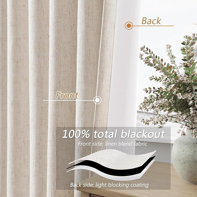 Guken 100% Blackout Linen Curtains 96 Inch Length 2 Panels Set for Living Room Bedroom Back Tab Thermal Insulated Black Out Drapes Room Darkening Farmhouse Style for Bedroom Window Curtains 40 Wide