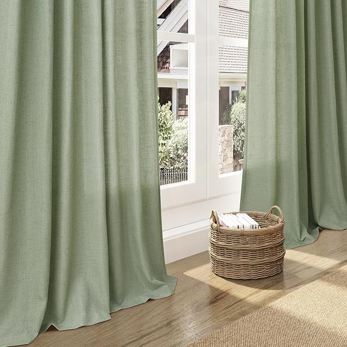 Light Sage Linen Curtains 108 Inches Long for Living Room 2 Panels Set Extra Long Back Tab Curtain Semi Sheer Light Filtering Sage Green Drapes Floor to Ceiling Drapes for Large Windows 52x108