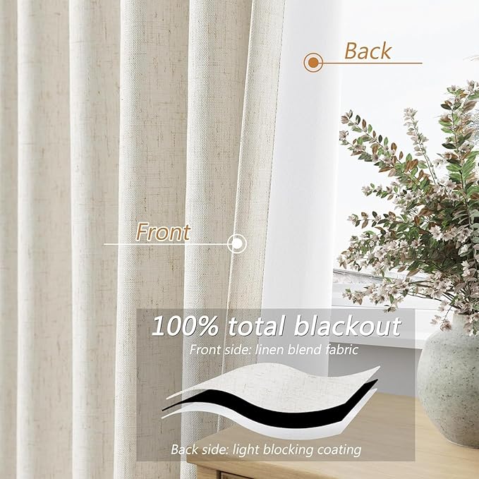 Guken Cream 100% Blackout Curtains 64 Inch Length 2 Panels Set for Living Room Bedroom Back Tab Thermal Insulated Black Out Linen Drapes Room Darkening Window Curtains