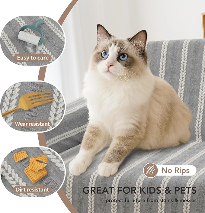 Couch Cover for Dogs, Boho Sofa Covers for 3 Cushion Couch, Chenille Sofa Slipcover for Pets Washable, L-Shape Sectional Loveseat Cover Soft Throw Blankets with Tassels(71x102,Striped Grey)