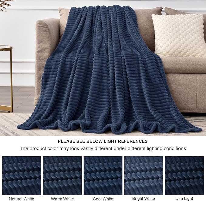 BEDELITE Fleece Throw Blanket for Couch – 3D Ribbed Jacquard Soft and Warm Decorative Fuzzy Blanket – Cozy, Fluffy, Plush Lightweight Navy Blue Throw Blankets for Bed, Sofa, 50x60 inches