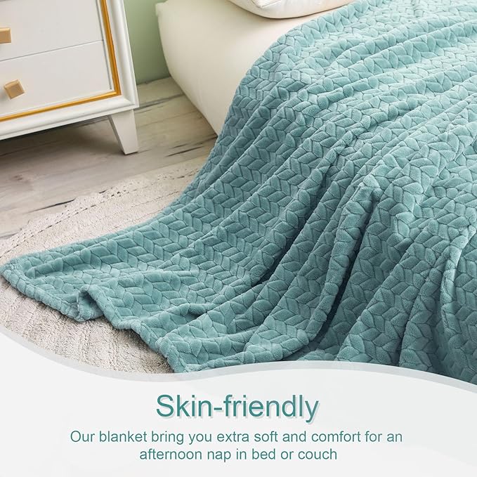 Exclusivo Mezcla Fleece Twin Size Blanket for Bed, 60x80 Inches Soft Cozy Jacquard Flannel Blankets, Lightweight Fuzzy Plush Warm for Women, Celadon